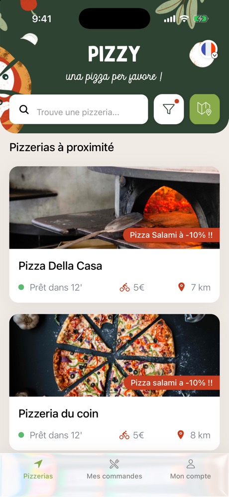 Die Pizzy-App: die Liste der Pizzerien in der Nähe