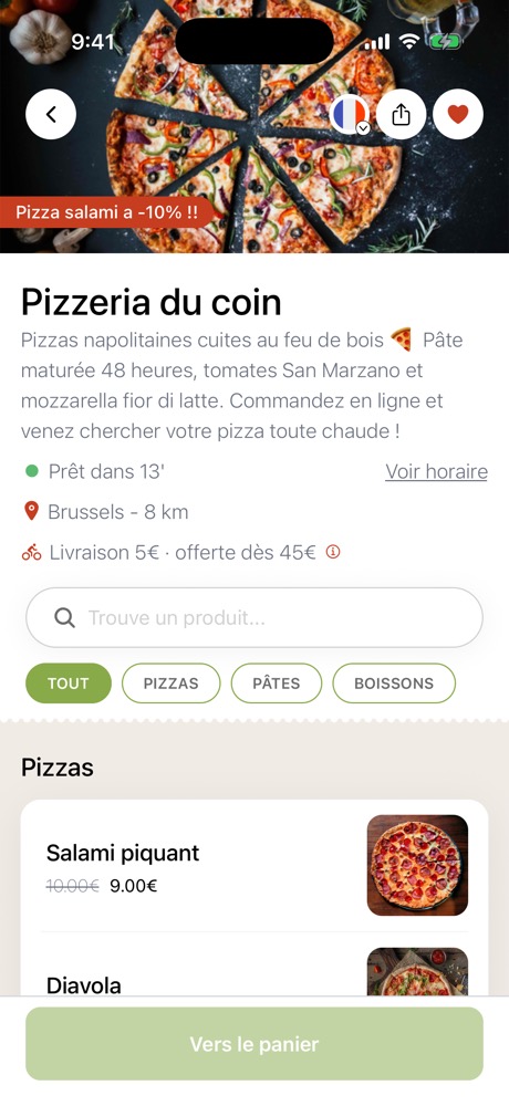 Die Seite einer Pizzeria in der Pizzy-App, mit Speisekarte