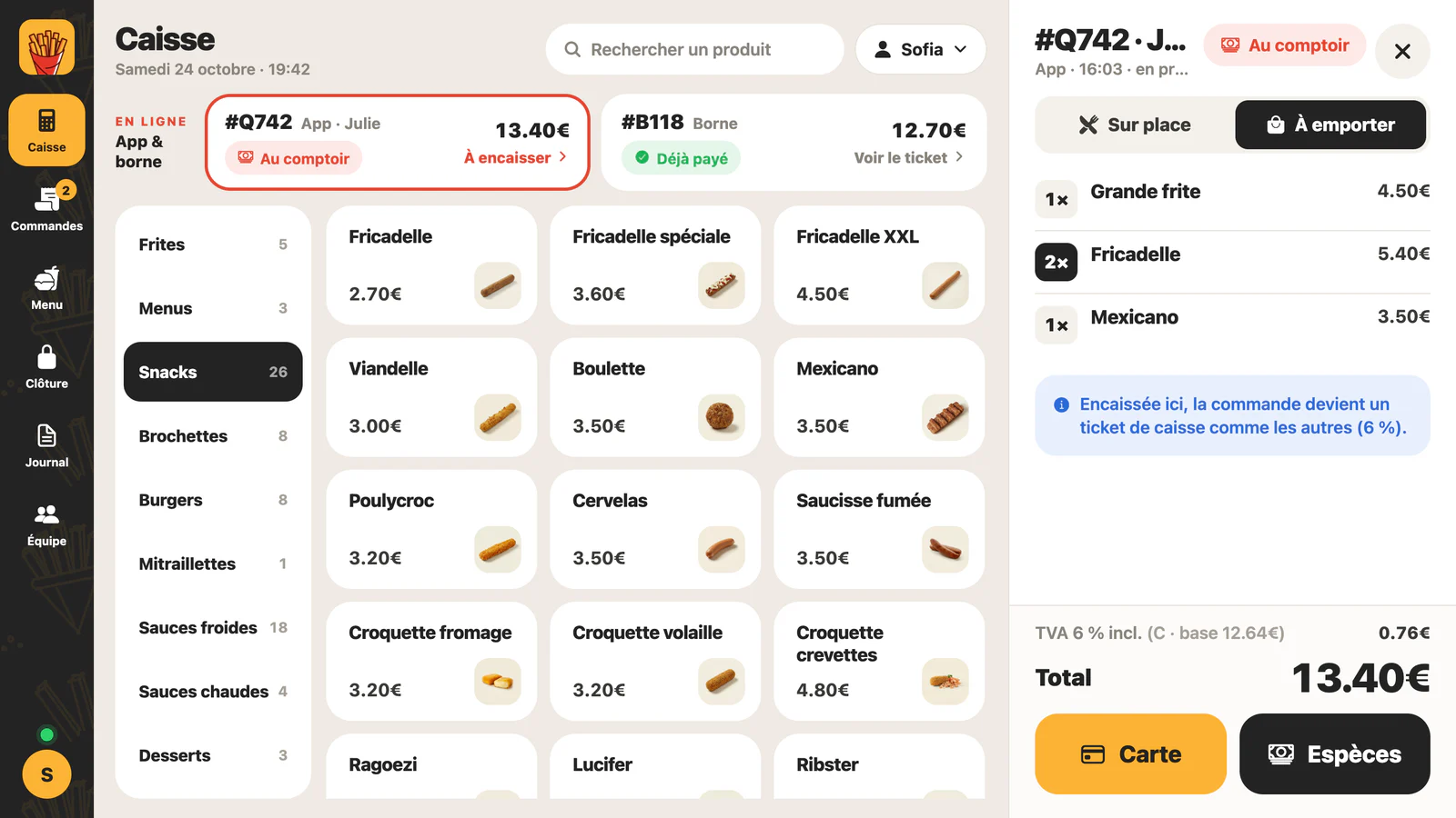 An app order to pay at the counter, open in the till with the Card and Cash buttons