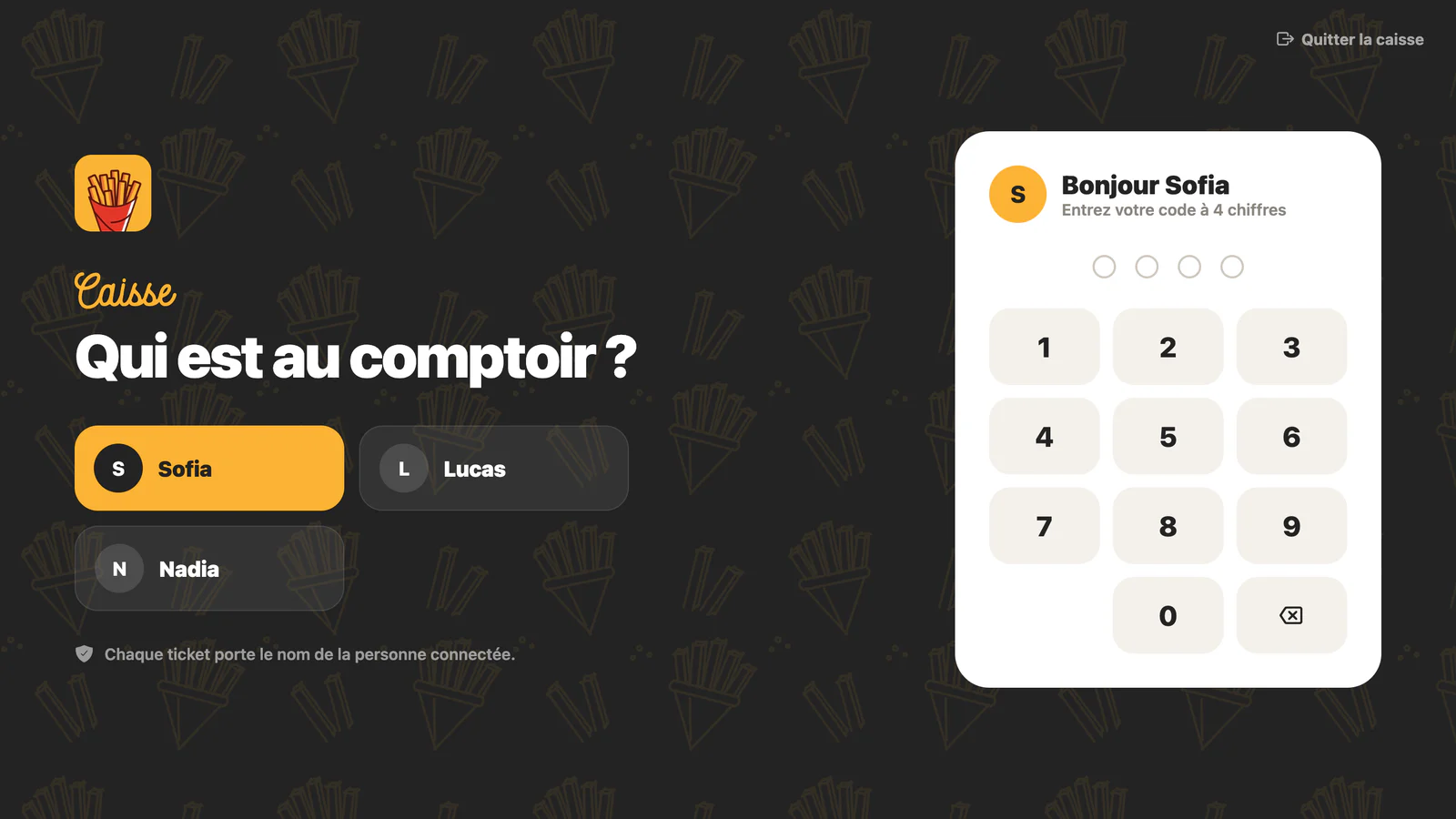 The sign-in screen: « Qui est au comptoir ? », the employees and the code keypad