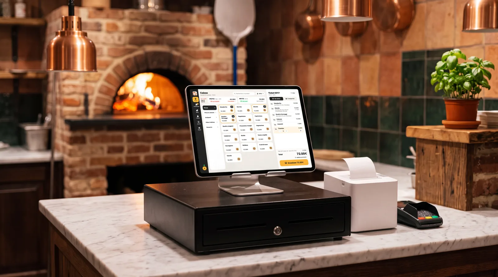The Pizzy till on an iPad, on a cash drawer next to a receipt printer, on the counter of a pizzeria