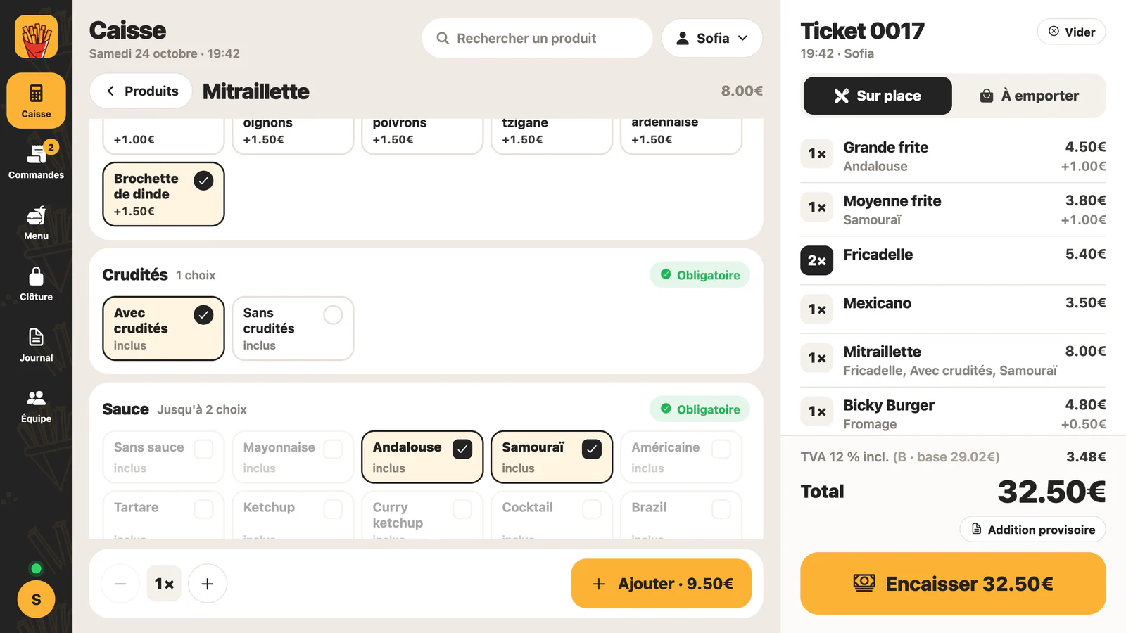 A mitraillette's options: turkey skewer, salad and two sauces chosen, next to a 7-item ticket