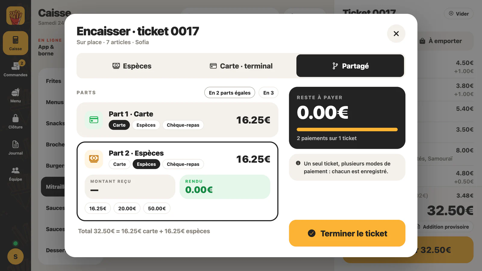 Split payment: €16.25 by card and €16.25 in cash on the same ticket