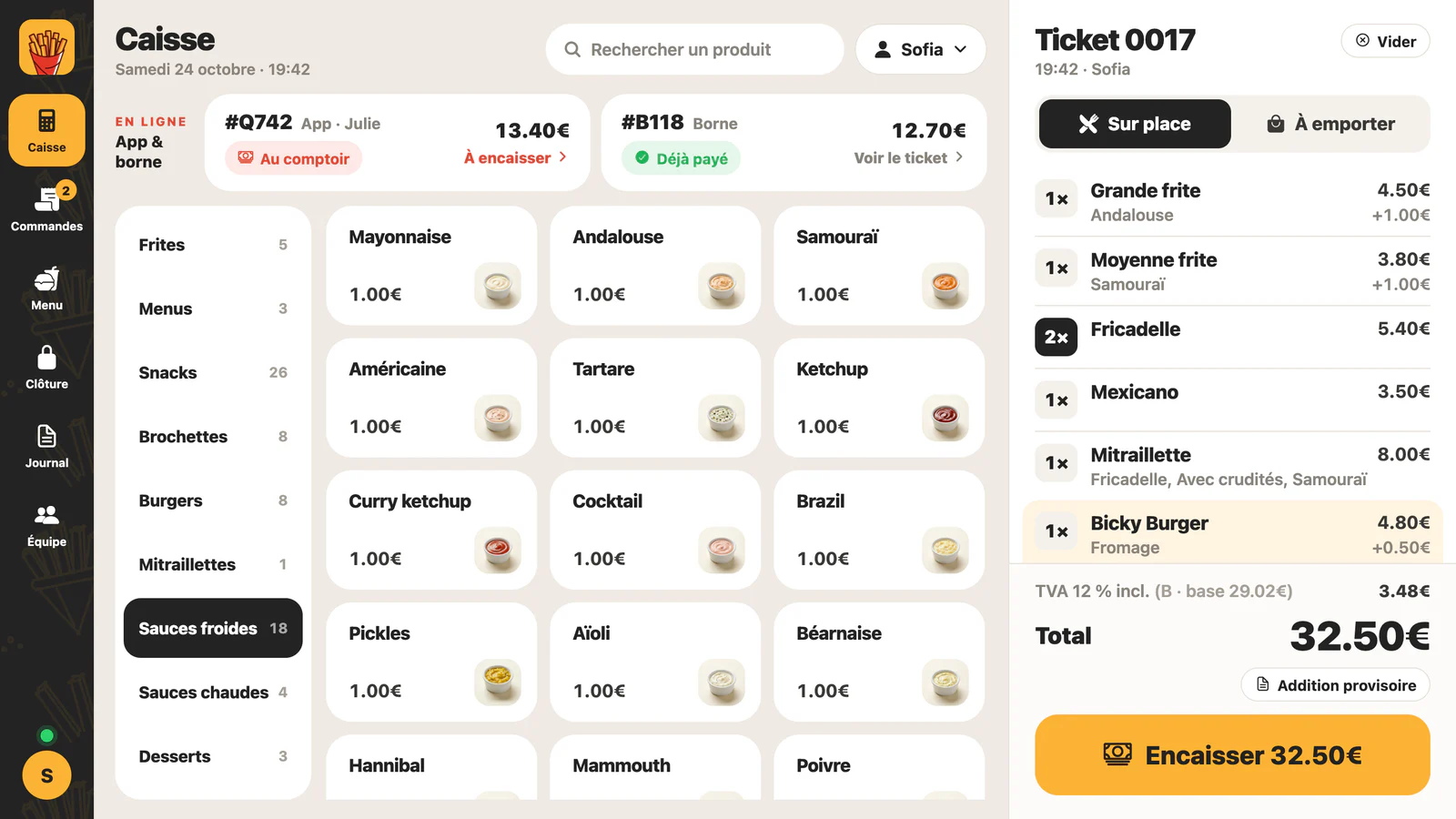 The till: cold sauces with photos in the middle, a 7-item ticket on the right