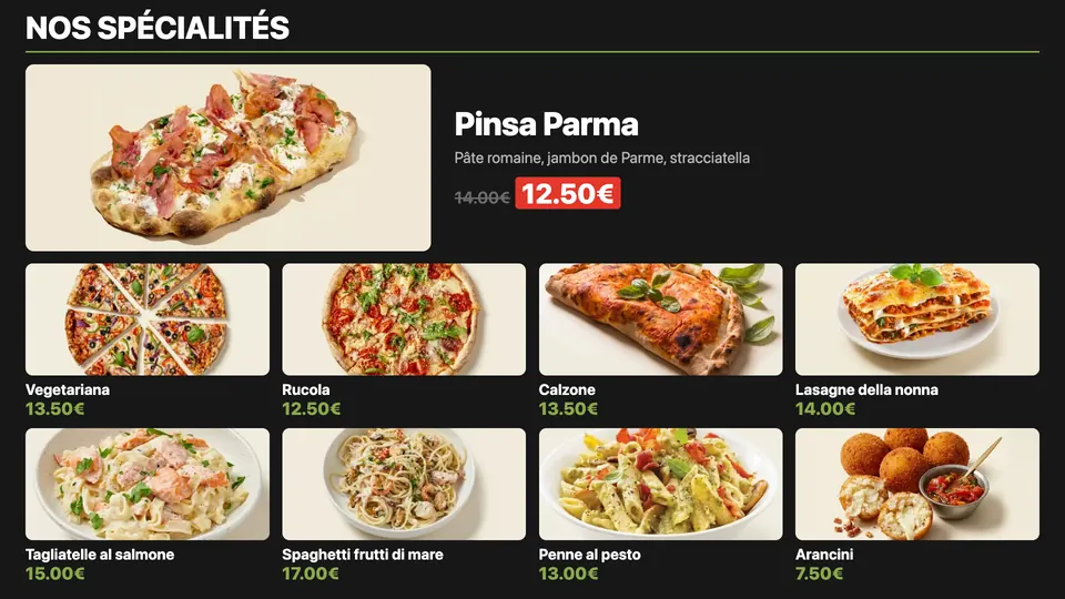 Pizzy menu screen with a featured product: a pinsa on promotion shown large, the other specialities in photos