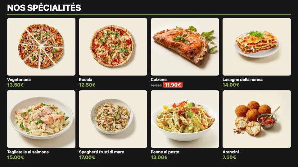 Pizzy menu screen as a photo grid: pizzas, pasta and arancini with their prices, one calzone on promotion