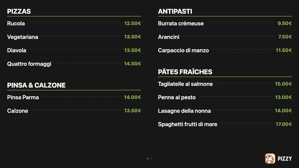 Pizzy menu screen as a two-column price list: pizzas, antipasti and pasta, with the Pizzy logo
