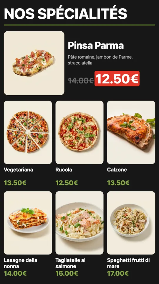 Pizzy menu screen in portrait: a featured pinsa and the other specialities in photos